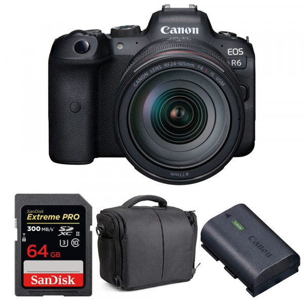 Appareil photo hybride Canon R6 + RF 24-105mm F4L IS USM + SanDisk 64GB Extreme PRO UHS-II SDXC 300 MB/s + LP-E6NH + Sac-1