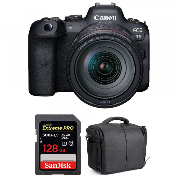 Appareil photo hybride Canon R6 + RF 24-105mm F4L IS USM + SanDisk 128GB Extreme PRO UHS-II SDXC 300 MB/s + Sac-1