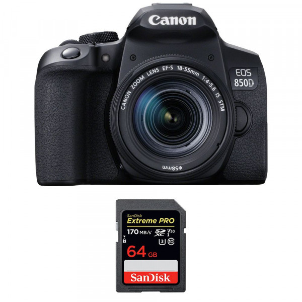 Appareil photo Reflex Canon 850D + EF-S 18-55mm F4-5.6 IS STM + SanDisk 64GB Extreme UHS-I SDXC 170 MB/s-1