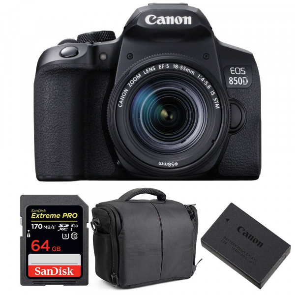 Appareil photo Reflex Canon 850D + EF-S 18-55mm F4-5.6 IS STM + SanDisk 64GB Extreme UHS-I SDXC 170 MB/s + LP-E17 + Sac-1