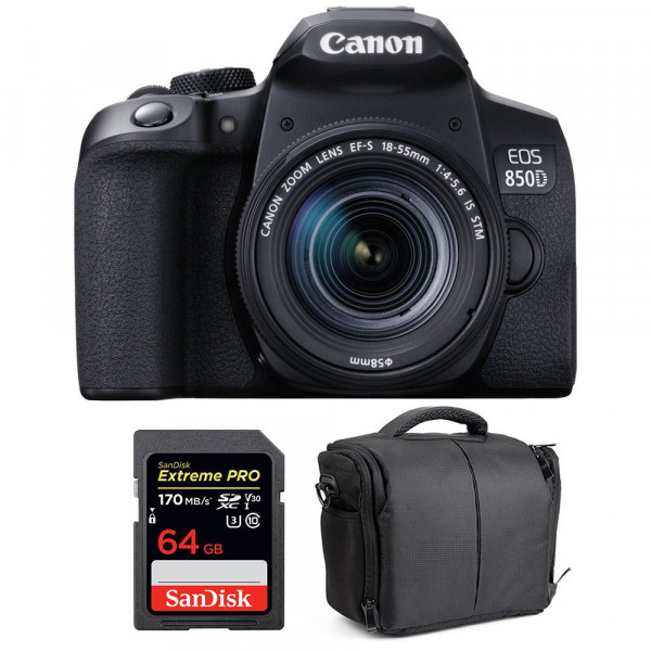 Appareil photo Reflex Canon 850D + EF-S 18-55mm F4-5.6 IS STM + SanDisk 64GB Extreme UHS-I SDXC 170 MB/s + Sac-1