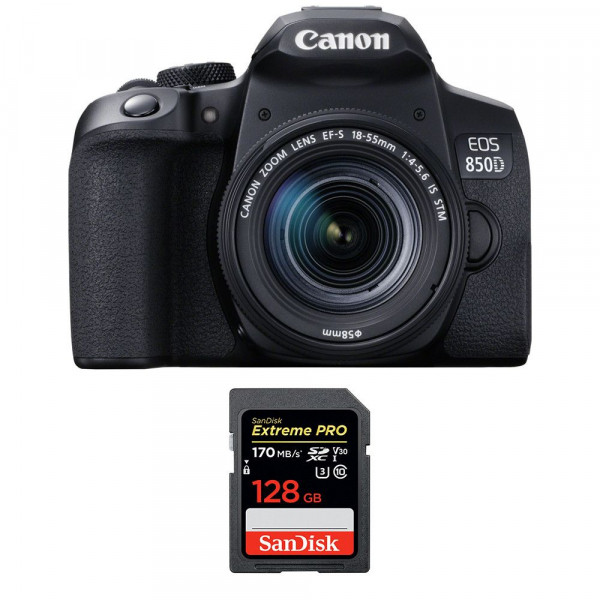 Appareil photo Reflex Canon 850D + EF-S 18-55mm F4-5.6 IS STM + SanDisk 128GB Extreme UHS-I SDXC 170 MB/s-1