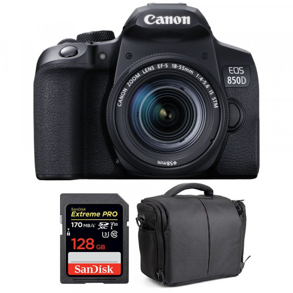 Cámara Canon 850D + EF-S 18-55mm f/4-5.6 IS STM + SanDisk 128GB Extreme UHS-I SDXC 170 MB/s + Bolsa-1