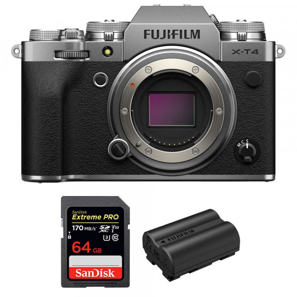 Cámara mirrorless Fujifilm XT4 Cuerpo Silver + SanDisk 64GB UHS-I SDXC 170 MB/s + Fujifilm NP-W235-1