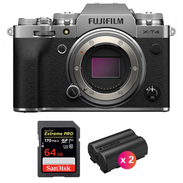 Cámara mirrorless Fujifilm XT4 Cuerpo Silver + SanDisk 64GB UHS-I SDXC 170 MB/s + 2 Fujifilm NP-W235-1