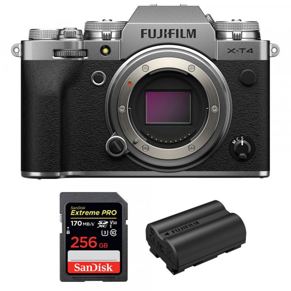 Cámara mirrorless Fujifilm XT4 Cuerpo Silver + SanDisk 256GB UHS-I SDXC 170 MB/s + Fujifilm NP-W235-1