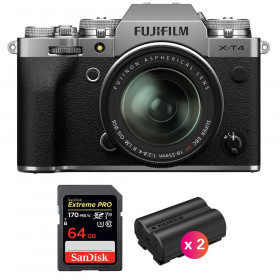 Appareil photo hybride Fujifilm XT4 Silver + XF 18-55mm F2.8-4 R LM OIS + SanDisk 64GB UHS-I SDXC 170 MB/s + 2 Fujifilm NP-W235-