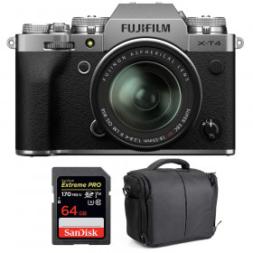 Appareil photo hybride Fujifilm XT4 Silver + XF 18-55mm F2.8-4 R LM OIS + SanDisk 64GB UHS-I SDXC 170 MB/s + Sac-1