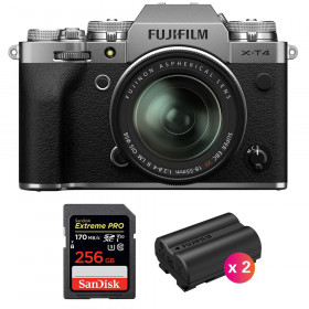 Appareil photo hybride Fujifilm XT4 Silver + XF 18-55mm F2.8-4 R LM OIS + SanDisk 256GB UHS-I SDXC 170 MB/s + 2 Fujifilm NP-W235