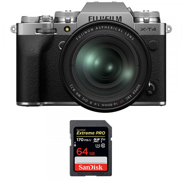 Appareil photo hybride Fujifilm XT4 Silver + XF 16-80mm F4 R OIS WR + SanDisk 64GB UHS-I SDXC 170 MB/s-1