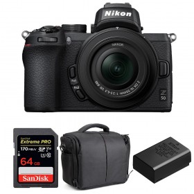 Appareil photo hybride Nikon Z50 + 16-50mm F3.5-6.3 VR + SanDisk 64GB Extreme Pro UHS-I SDXC 170 MB/s + Nikon EN-EL25 + Sac-1