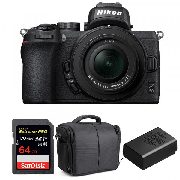 Cámara mirrorless Nikon Z50 + 16-50mm f/3.5-6.3 VR + SanDisk 64GB Extreme Pro UHS-I SDXC 170 MB/s + Nikon EN-EL25 + Bolsa-1