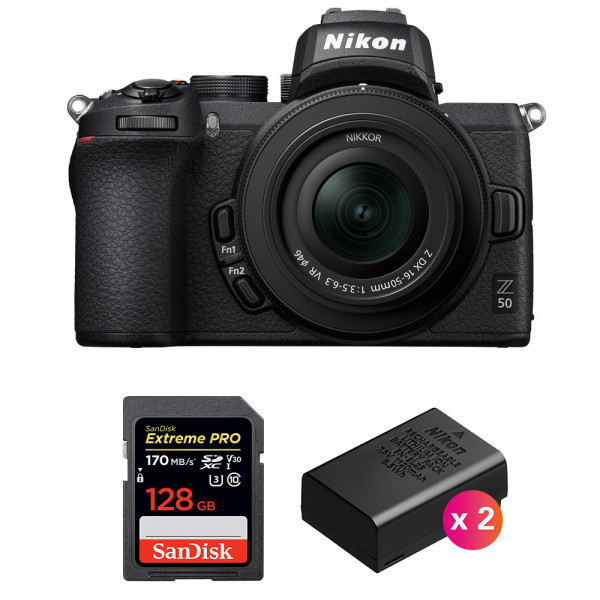 Nikon Z50 + 16-50mm f/3.5-6.3 VR + SanDisk 128GB Extreme Pro UHS-I SDXC 170 MB/s + 2 Nikon EN-EL25-1