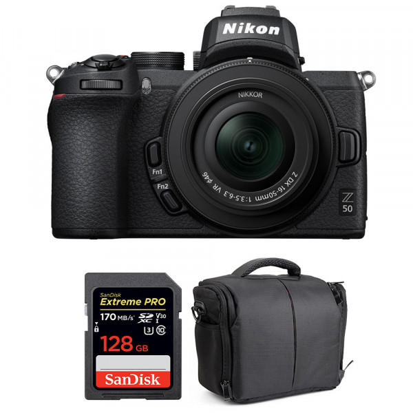 Appareil photo hybride Nikon Z50 + 16-50mm F3.5-6.3 VR + SanDisk 128GB Extreme Pro UHS-I SDXC 170 MB/s + Sac-1