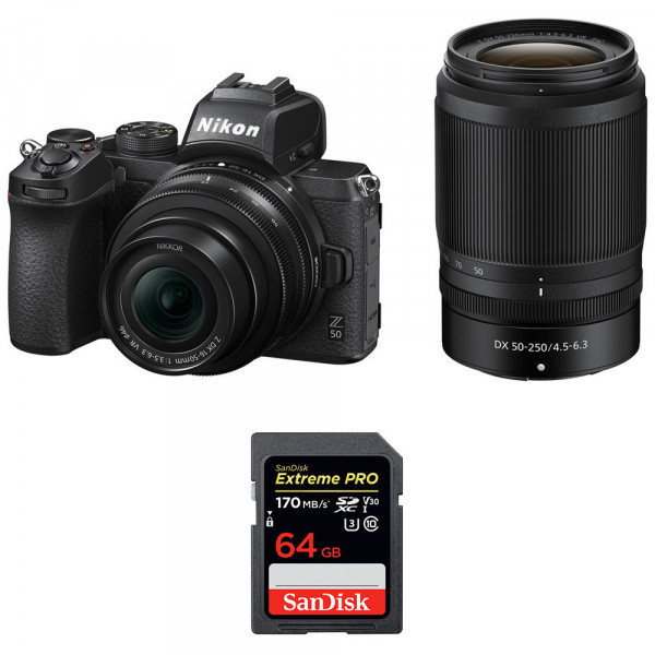 Cámara mirrorless Nikon Z50 + 16-50mm + 50-250mm + SanDisk 64GB Extreme Pro UHS-I SDXC 170 MB/s-1