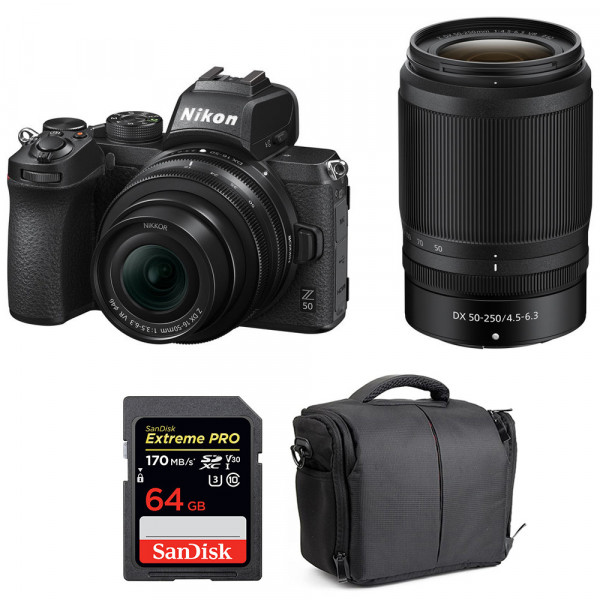 Nikon Z50 + 16-50mm + 50-250mm + SanDisk 64GB Extreme Pro UHS-I SDXC 170 MB/s + Bolsa - Cámara mirrorless-1