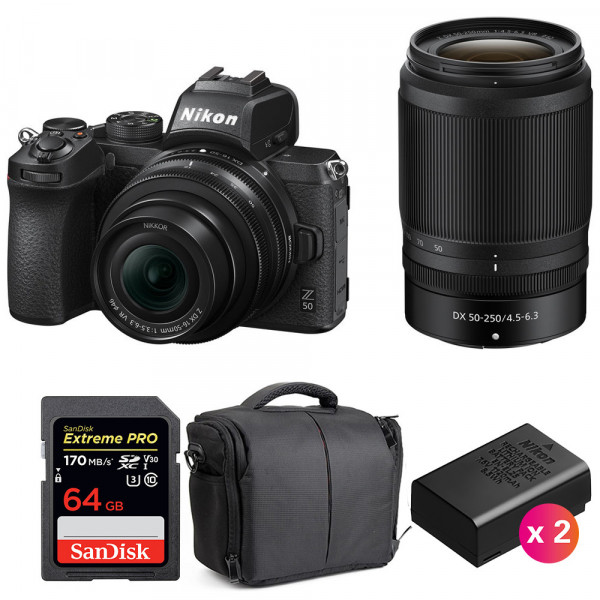 Nikon Z50 + 16-50mm + 50-250mm + SanDisk 64GB Extreme Pro UHS-I SDXC 170 MB/s + 2 Nikon EN-EL25 + Bag-1