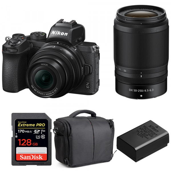 Appareil photo hybride Nikon Z50 + 16-50mm + 50-250mm + SanDisk 128GB Extreme Pro UHS-I SDXC 170 MB/s + Nikon EN-EL25 + Sac-1