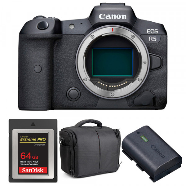 Cámara mirrorless Canon R5 Cuerpo + SanDisk 64GB Extreme PRO CFexpress Type B + Canon LP-E6NH + Bolsa-1