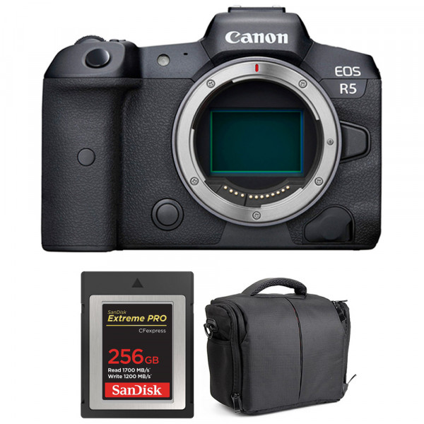 Appareil photo hybride Canon R5 Nu + SanDisk 256GB Extreme PRO CFexpress Type B + Sac-1