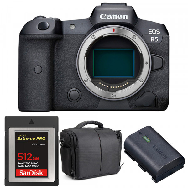 Canon EOS R5 Body + SanDisk 512GB Extreme PRO CFexpress Type B + Canon LP-E6NH + Bag-1