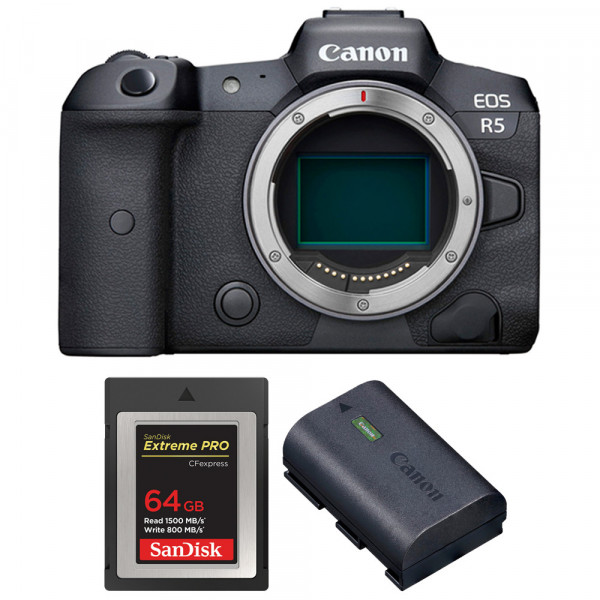 Appareil photo hybride Canon R5 Nu + SanDisk 64GB Extreme PRO CFexpress Type B + Canon LP-E6NH-1