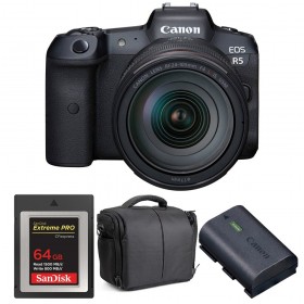 Canon EOS R5 + RF 24-105mm f/4L IS USM + SanDisk 64GB Extreme PRO CFexpress Type B + LP-E6NH + Bolsa - Contenido de la caja