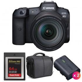 Canon EOS R5 + RF 24-105mm f/4L IS USM + SanDisk 64GB Extreme PRO CFexpress Type B + 2 LP-E6NH + Bolsa - Contenido de la caja
