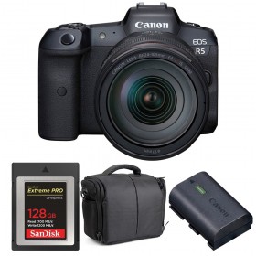 Canon EOS R5 + RF 24-105mm f/4L IS USM + SanDisk 128GB Extreme PRO CFexpress Type B + LP-E6NH + Bolsa - Contenido de la caja