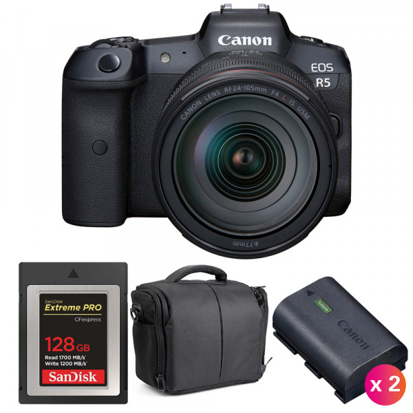 Canon R5 + RF 24-105mm F4L IS USM + SanDisk 128GB Extreme PRO CFexpress Type B + 2 LP-E6NH + Sac - Appareil Photo Professionnel-