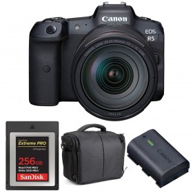 Canon EOS R5 + RF 24-105mm f/4L IS USM + SanDisk 256GB Extreme PRO CFexpress Type B + LP-E6NH + Bolsa - Contenido de la caja