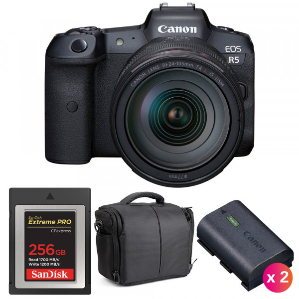 Canon R5 + RF 24-105mm F4L IS USM + SanDisk 256GB Extreme PRO CFexpress Type B + 2 LP-E6NH + Sac - Appareil Photo Professionnel-