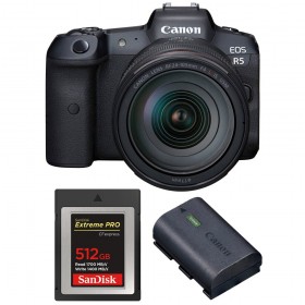 Canon EOS R5 + RF 24-105mm f/4L IS USM + SanDisk 512GB Extreme PRO CFexpress Type B + Canon LP-E6NH - Contenido de la caja