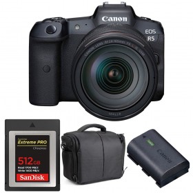 Canon EOS R5 + RF 24-105mm f/4L IS USM + SanDisk 512GB Extreme PRO CFexpress Type B + LP-E6NH + Bolsa - Contenido de la caja