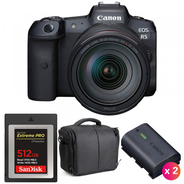 Canon R5 + RF 24-105mm F4L IS USM + SanDisk 512GB Extreme PRO CFexpress Type B + 2 LP-E6NH + Sac - Appareil Photo Professionnel-