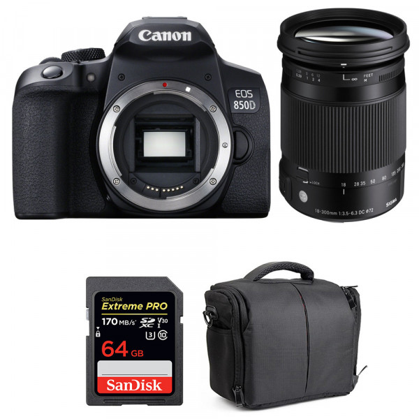 Cámara Canon 850D + Sigma 18-300mm f/3.5-6.3 DC Macro OS HSM C + SanDisk 64GB UHS-I SDXC 170 MB/s + Bolsa-1