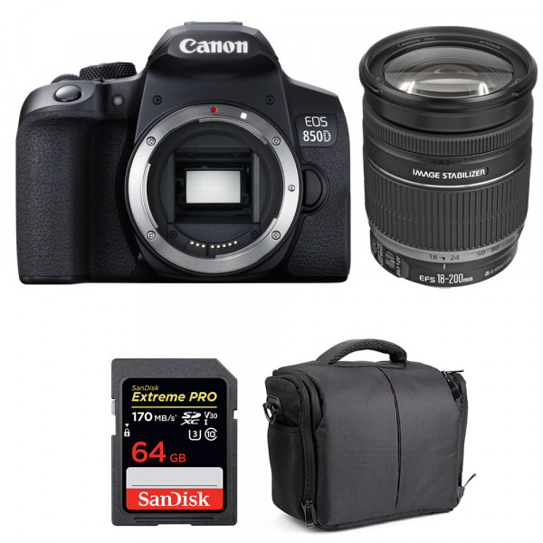 Appareil photo Reflex Canon 850D + EF-S 18-200mm F3.5-5.6 IS + SanDisk 64GB UHS-I SDXC 170 MB/s + Sac-1