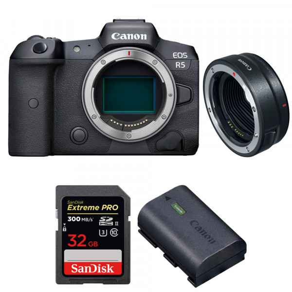 Appareil photo hybride Canon R5 + EF-EOS R + SanDisk 32GB Extreme PRO UHS-II SDXC 300 MB/s + Canon LP-E6NH-1