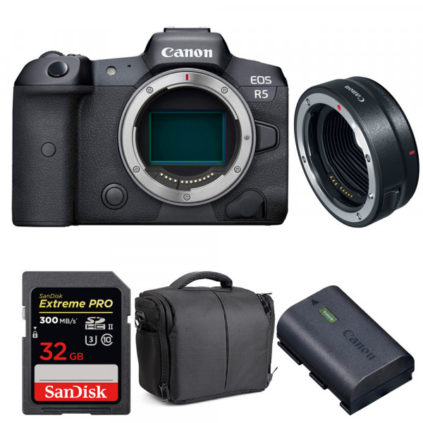 Cámara mirrorless Canon R5 + EF-EOS R + SanDisk 32GB Extreme PRO UHS-II SDXC 300 MB/s + Canon LP-E6NH + Bolsa-1