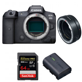 Cámara mirrorless Canon R5 + EF-EOS R + SanDisk 64GB Extreme PRO UHS-II SDXC 300 MB/s + Canon LP-E6NH-1