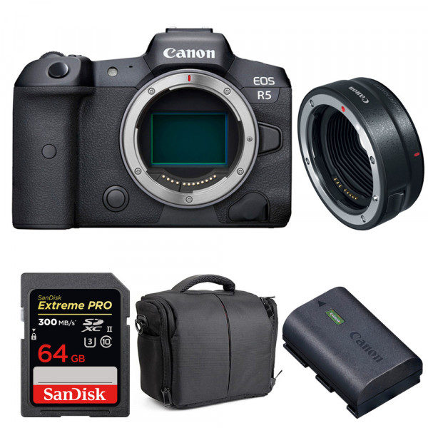 Appareil photo hybride Canon R5 + EF-EOS R + SanDisk 64GB Extreme PRO UHS-II SDXC 300 MB/s + Canon LP-E6NH + Sac-1
