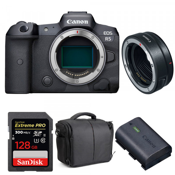 Cámara mirrorless Canon R5 + EF-EOS R + SanDisk 128GB Extreme PRO UHS-II SDXC 300 MB/s + Canon LP-E6NH + Bolsa-1