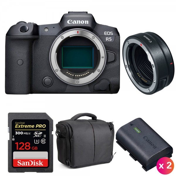 Cámara mirrorless Canon R5 + EF-EOS R + SanDisk 128GB Extreme PRO UHS-II SDXC 300 MB/s + 2 Canon LP-E6NH + Bolsa-1