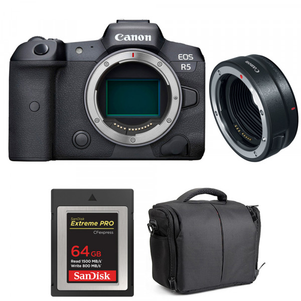 Cámara mirrorless Canon R5 + EF-EOS R + SanDisk 64GB Extreme PRO CFexpress Type B + Bolsa-1