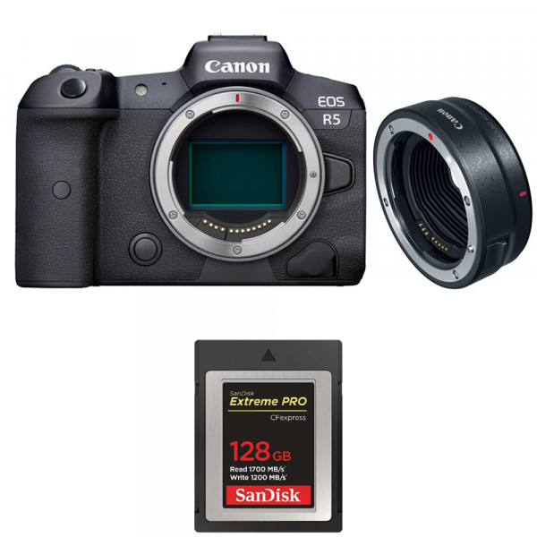 Cámara mirrorless Canon R5 + EF-EOS R + SanDisk 128GB Extreme PRO CFexpress Type B-1