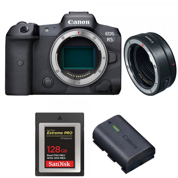 Appareil photo hybride Canon R5 + EF-EOS R + SanDisk 128GB Extreme PRO CFexpress Type B + Canon LP-E6NH-1