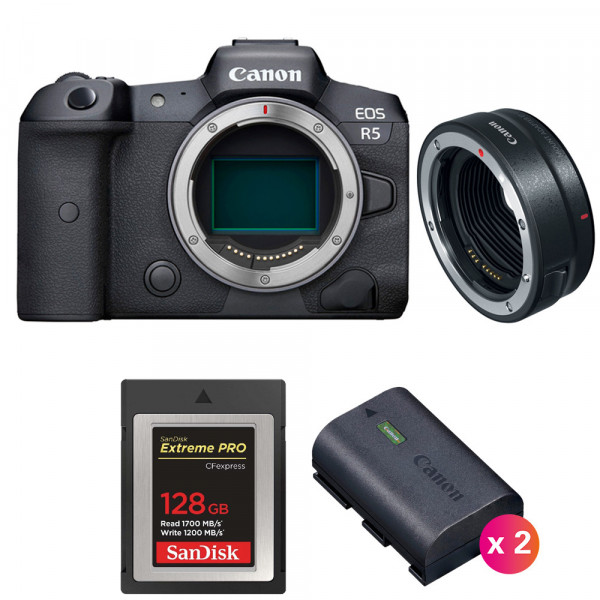 Canon R5 + EF-EOS R + SanDisk 128GB Extreme PRO CFexpress Type B + 2 Canon LP-E6NH - Appareil Photo Professionnel-1