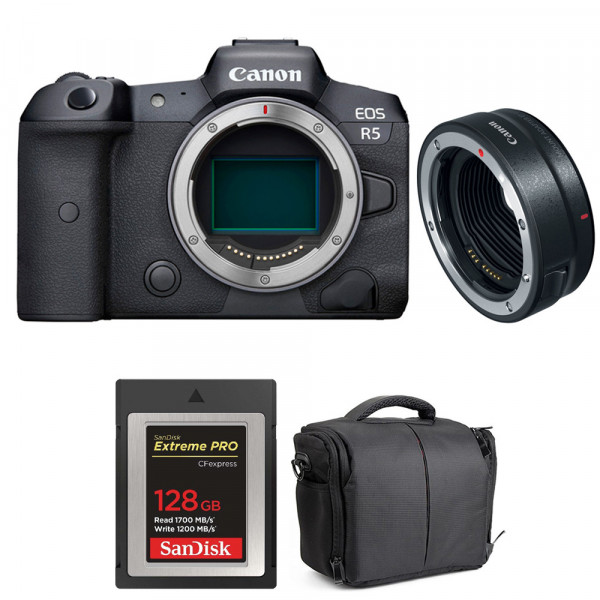 Appareil photo hybride Canon R5 + EF-EOS R + SanDisk 128GB Extreme PRO CFexpress Type B + Sac-1