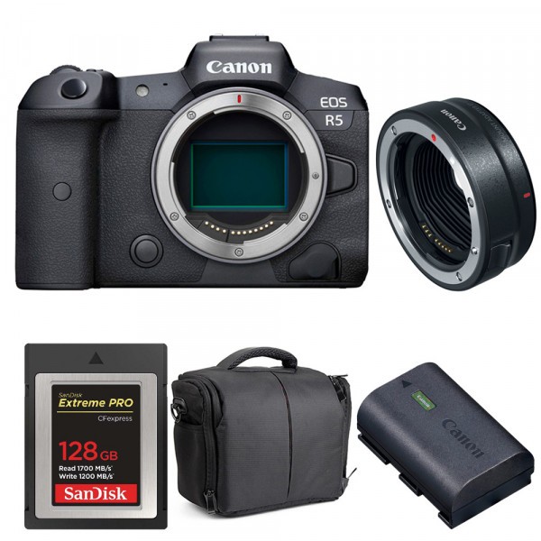 Appareil photo hybride Canon R5 + EF-EOS R + SanDisk 128GB Extreme PRO CFexpress Type B + Canon LP-E6NH + Sac-1
