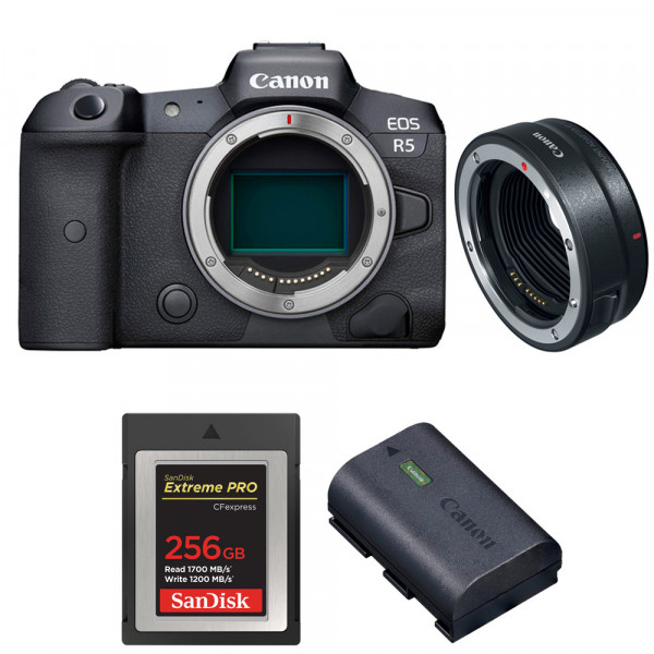 Appareil photo hybride Canon R5 + EF-EOS R + SanDisk 256GB Extreme PRO CFexpress Type B + Canon LP-E6NH-1